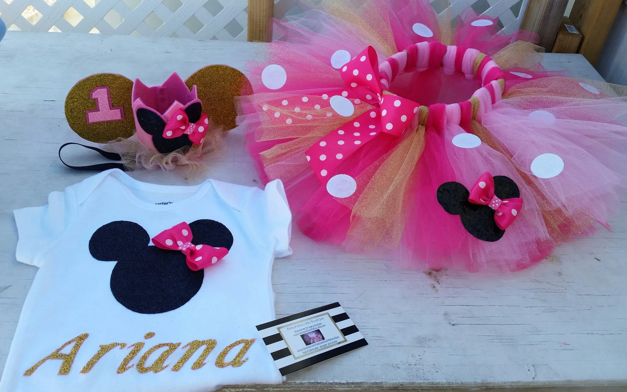 Pink and gold Minnie mouse birthday outfit 3 piece