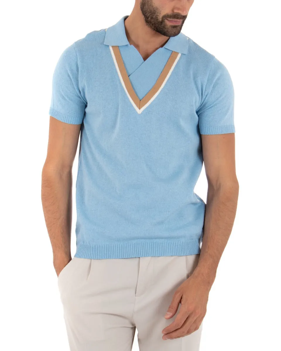 Polo Uomo T-shirt Maniche Corte Scollo a V Colletto Celeste Casual GIOSAL