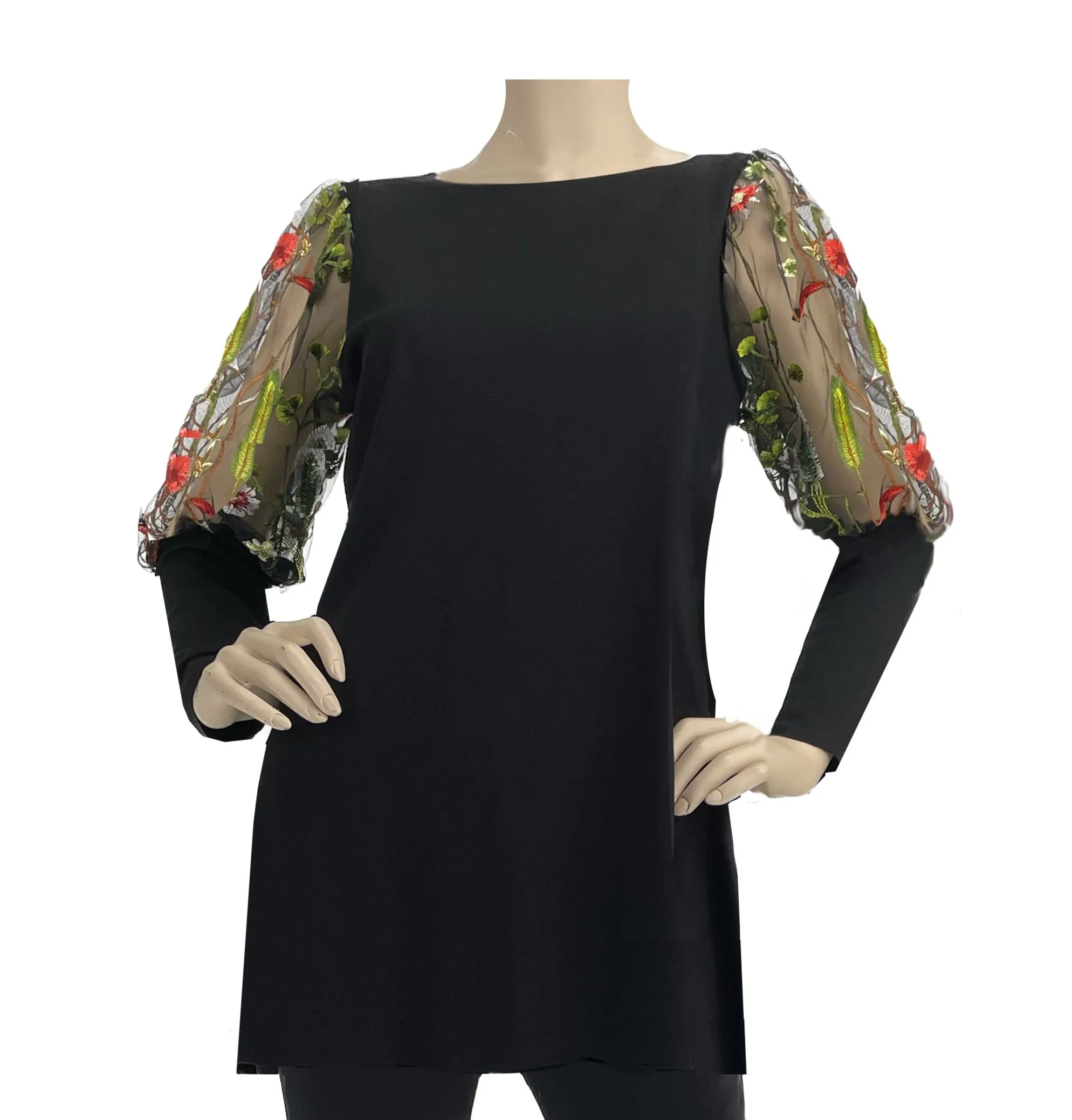 Ponte Tunic with Puff Top Embroidered Tulle Sleeve     B862