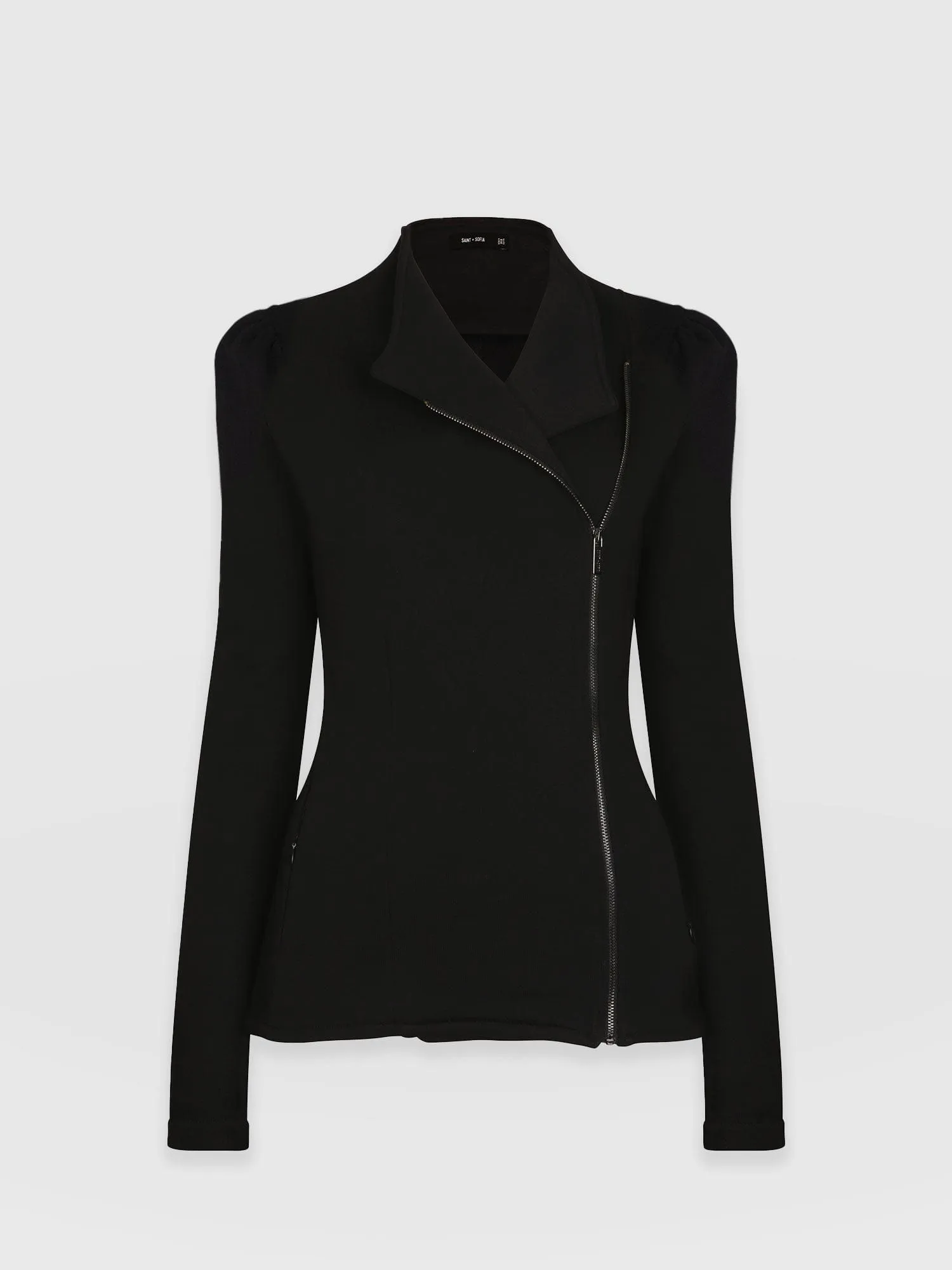 Puff Sleeve Cotton Biker Jacket - Black