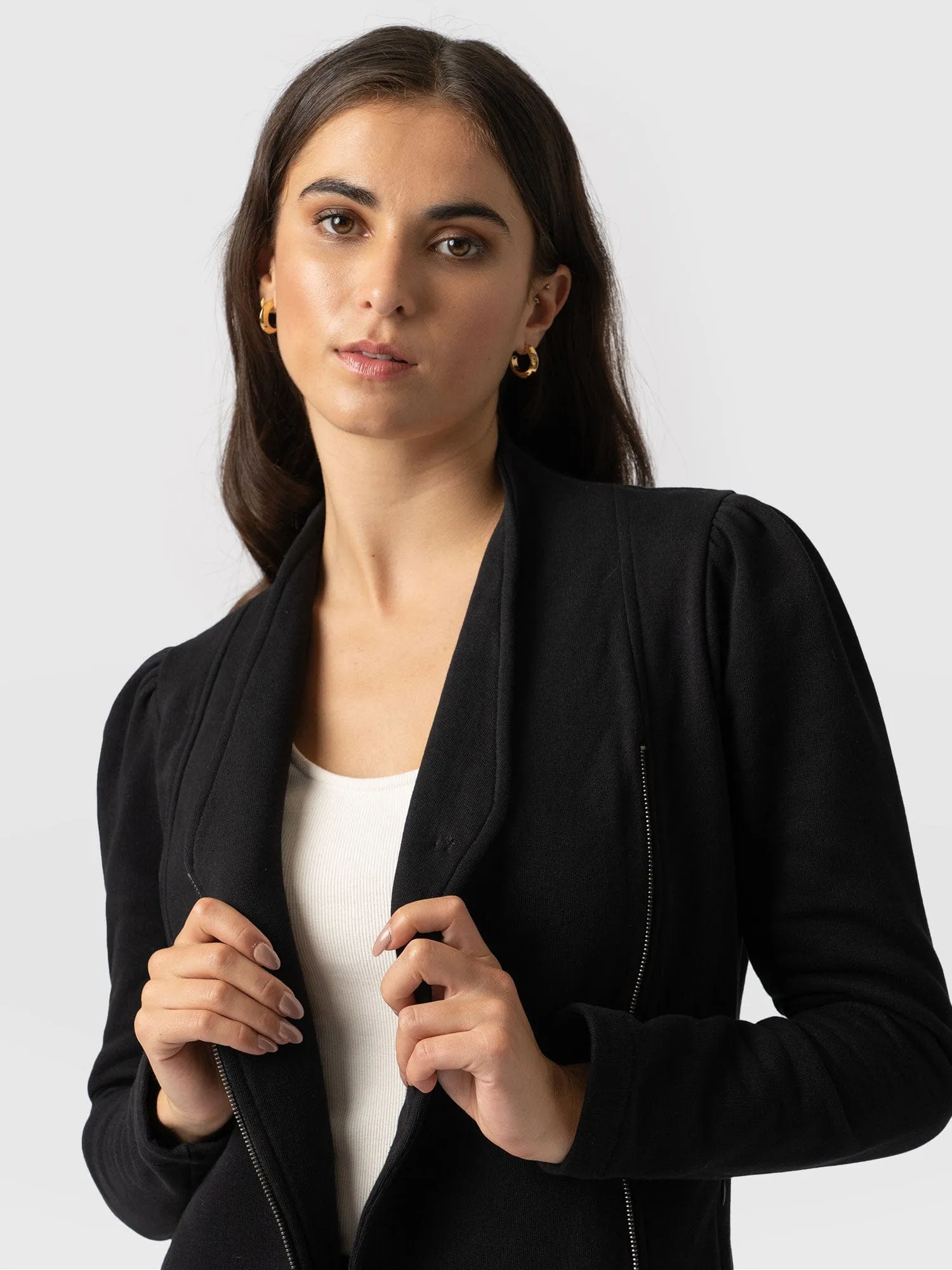 Puff Sleeve Cotton Biker Jacket - Black