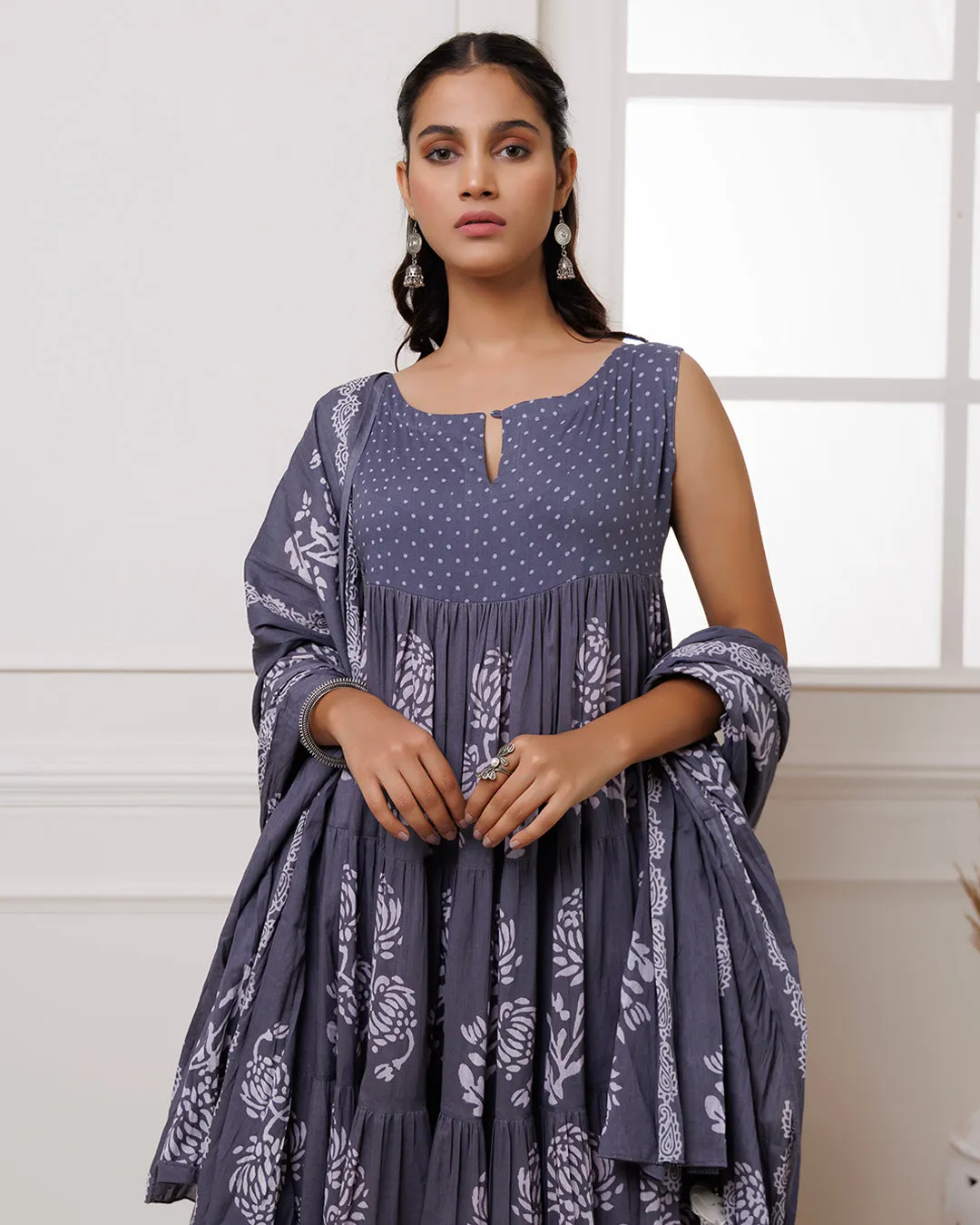 Qala Grey Hand Block Printed Anarkali Suit Set