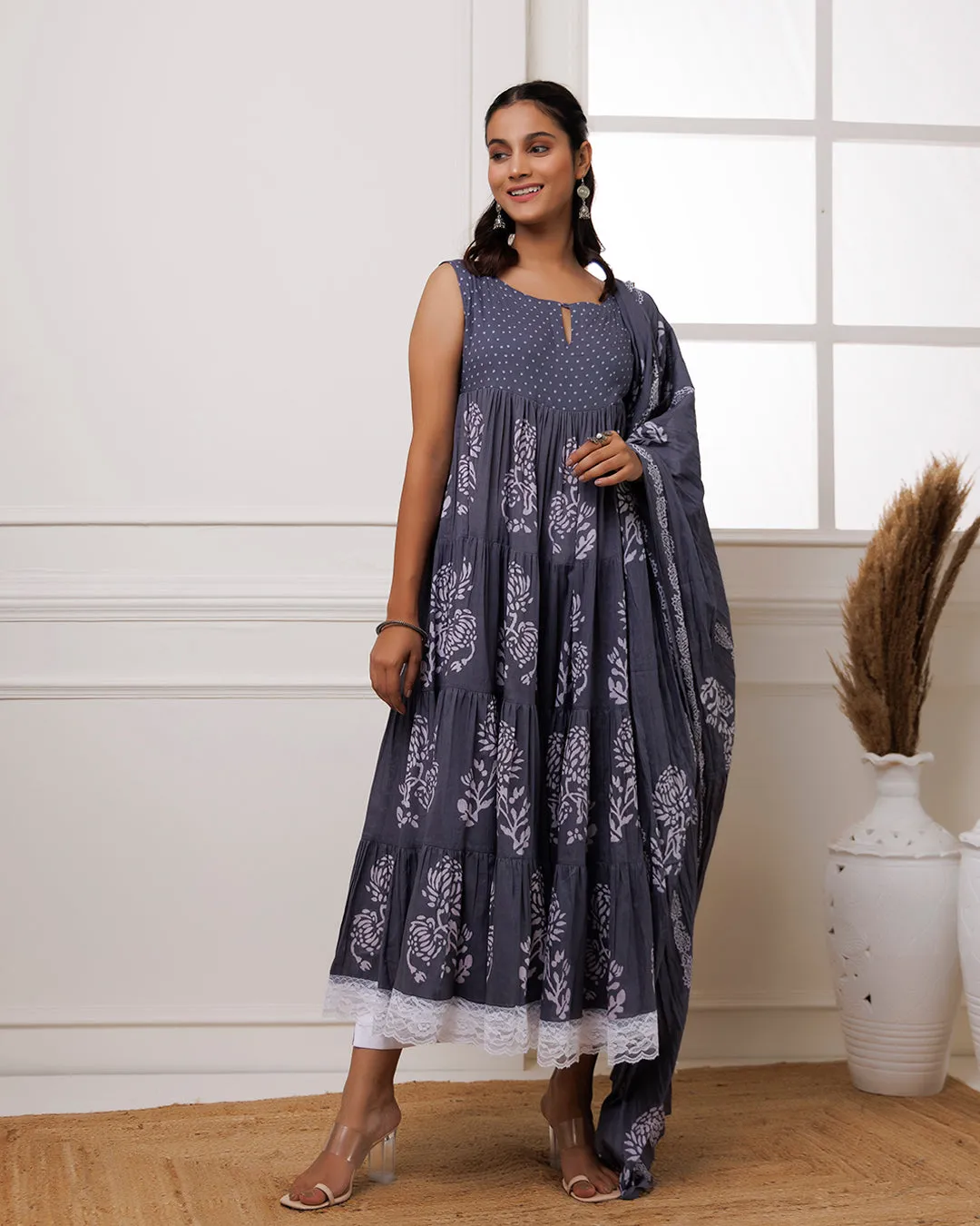 Qala Grey Hand Block Printed Anarkali Suit Set