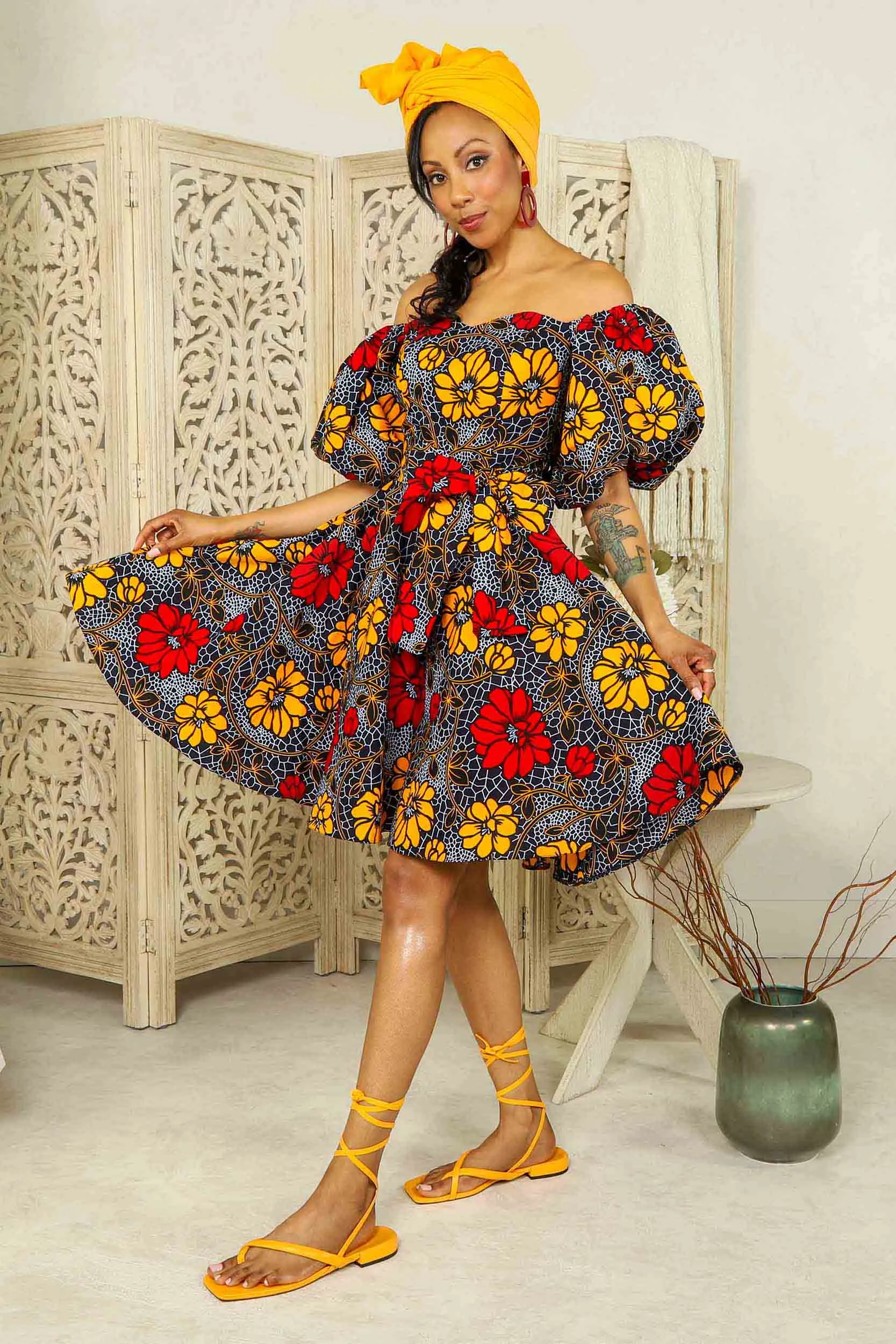 RACHELLE African Print Mini Dress (Puff Sleeves)