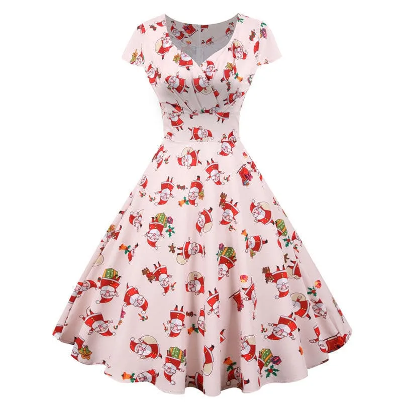 Red Vintage Christmas Short Sleeve Dress with Snowflakes