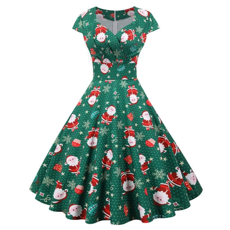 Red Vintage Christmas Short Sleeve Dress with Snowflakes