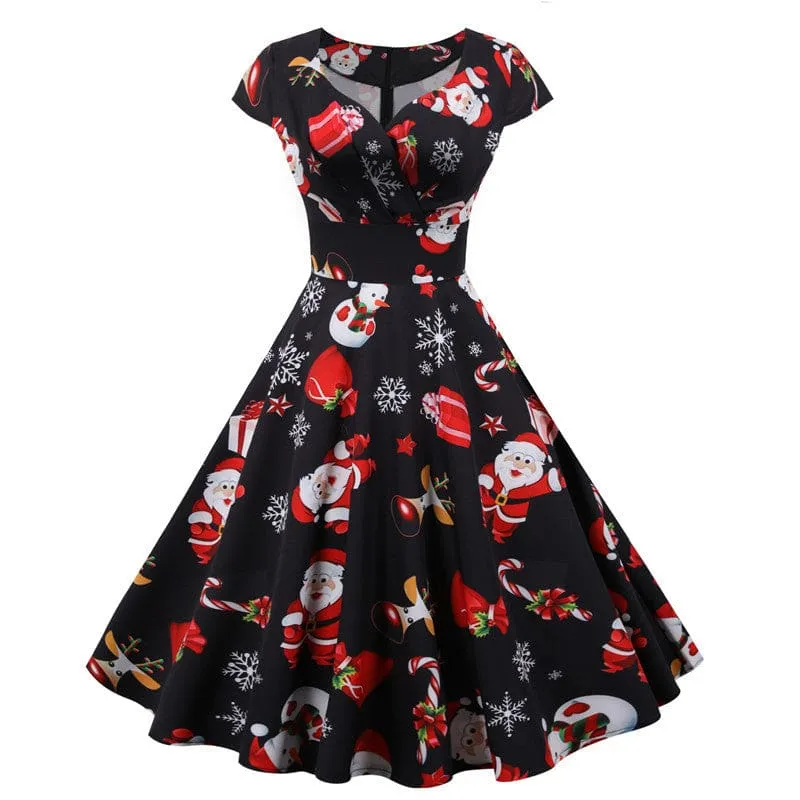 Red Vintage Christmas Short Sleeve Dress with Snowflakes