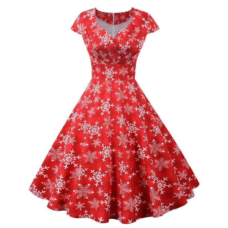 Red Vintage Christmas Short Sleeve Dress with Snowflakes