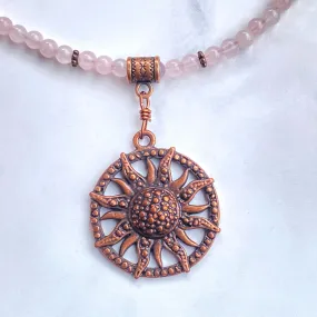 Rose Quartz gemstone  and copper Sun pendant beaded necklace