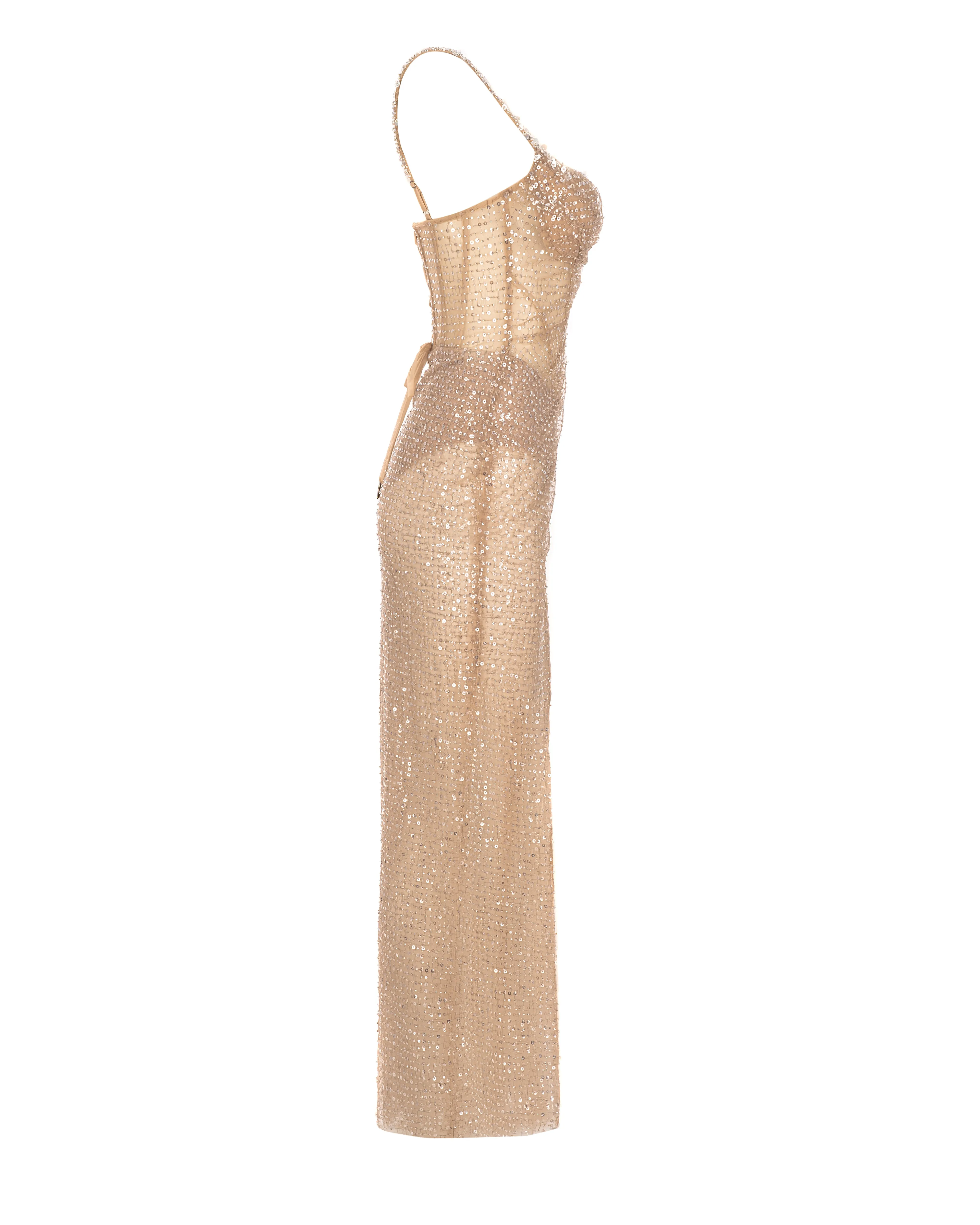 Sensational champagne gold crystal-embellished maxi dress on spaghetti straps