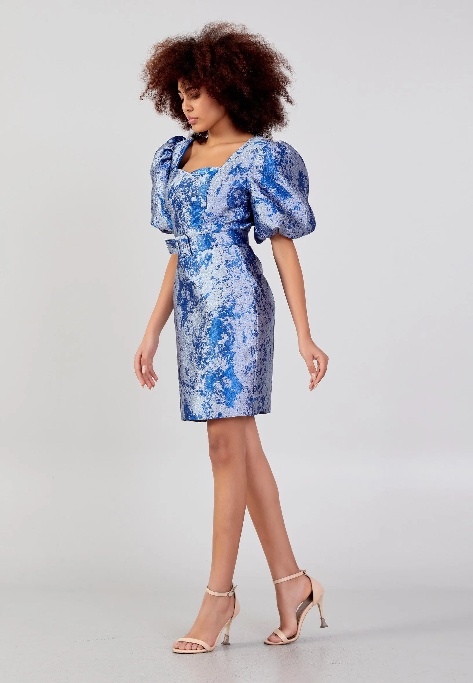 Short Puffy Sleeve Mini Column Cocktail Dress - Silver Blue