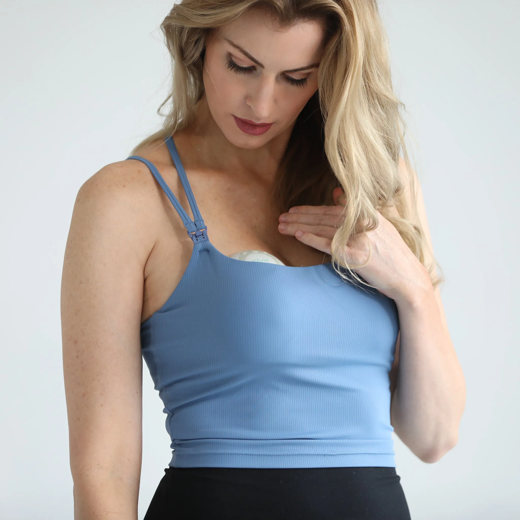 Sienna - Light Support Nursing Crop Tank Bra (Ribbed Ocean Blue)