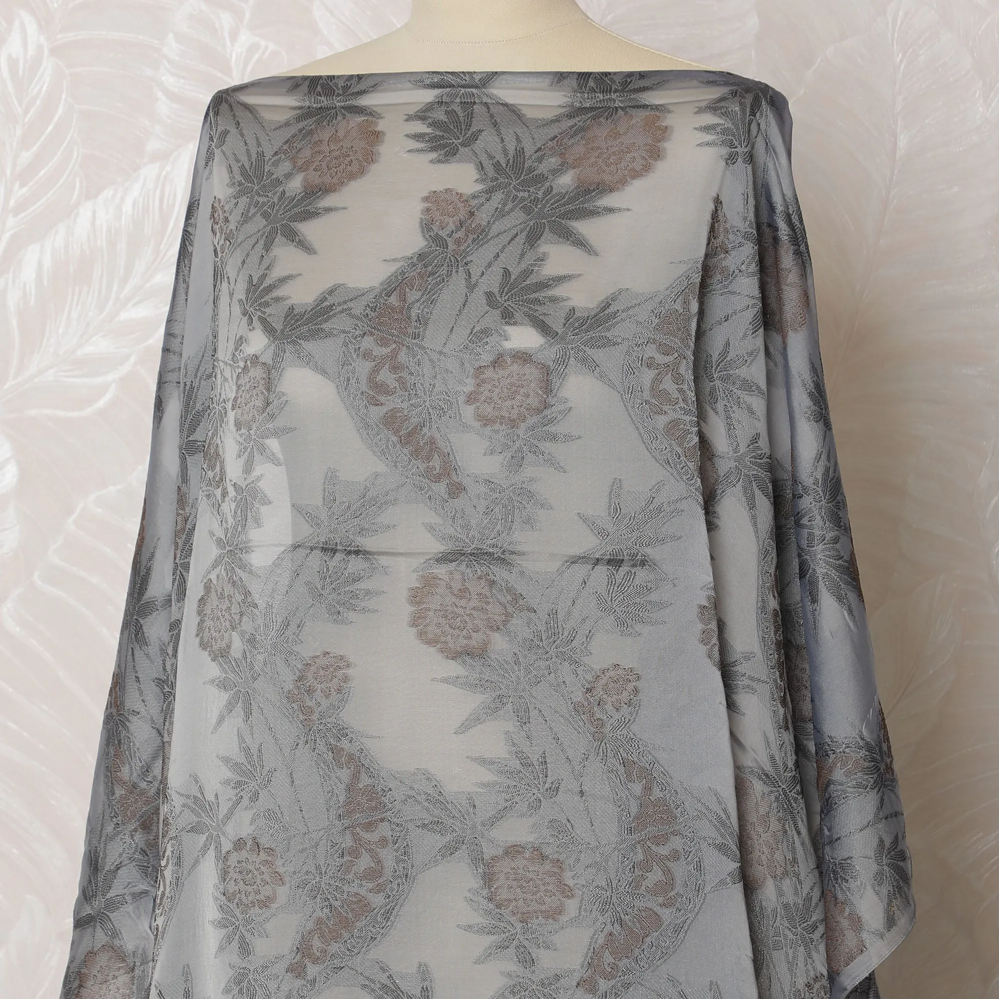 Silver Grey French Silk Chiffon Fabric with Rose Gold Floral Embroidery, Traditional Somali Dirac - 140 cm Width, 3.5 Meters-D20145