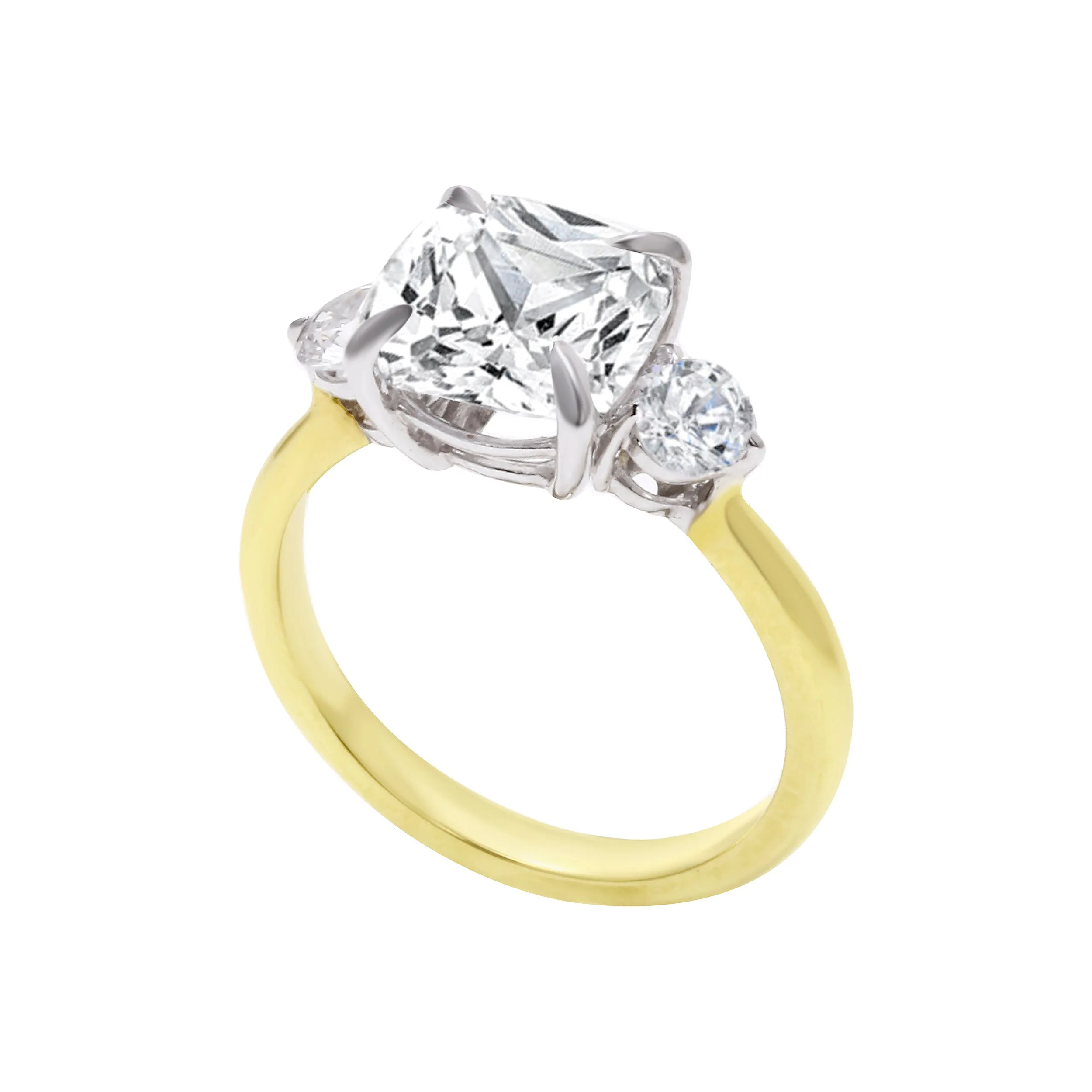 Three Stone Cushion and Round Cut Diamond Engagement Ring