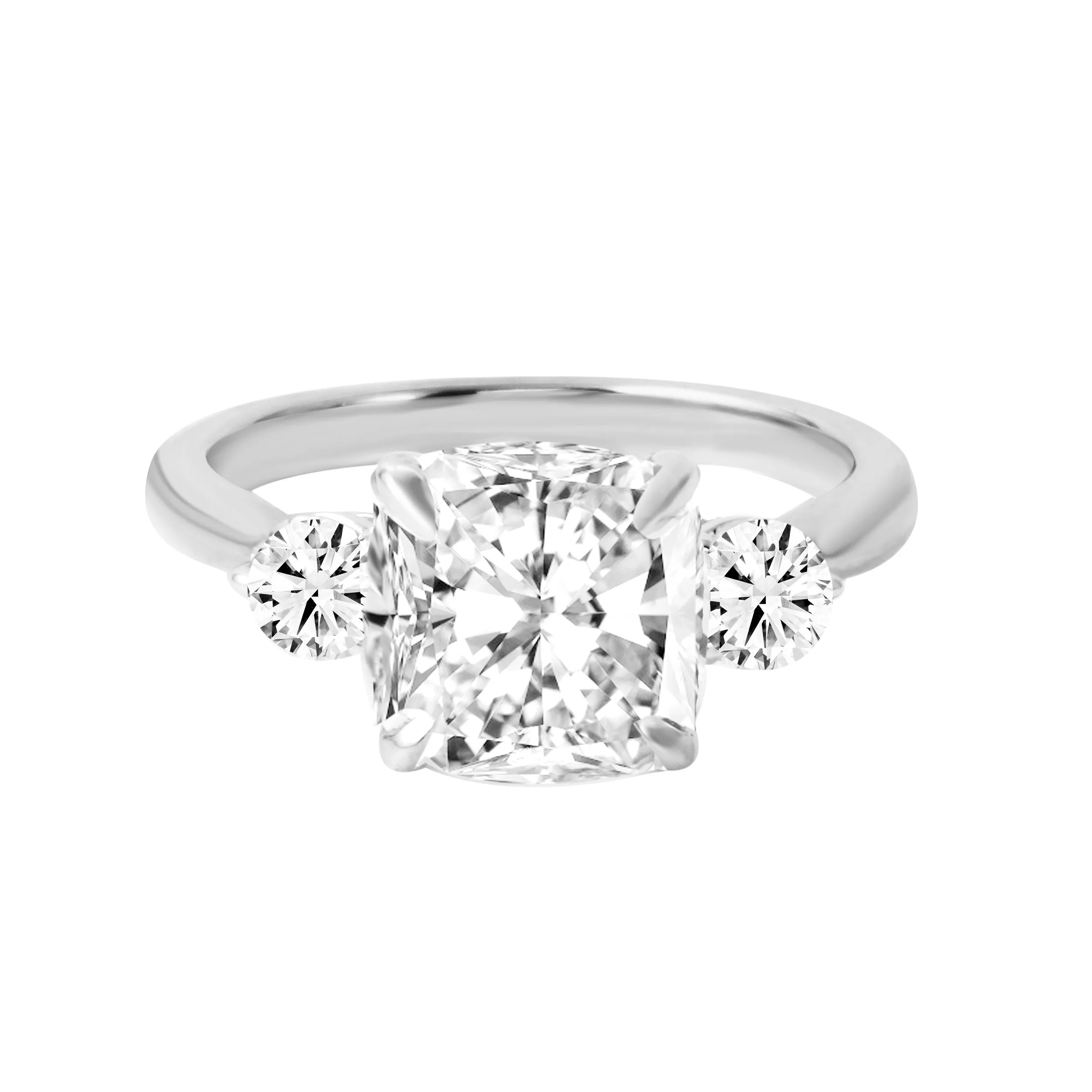 Three Stone Cushion and Round Cut Diamond Engagement Ring