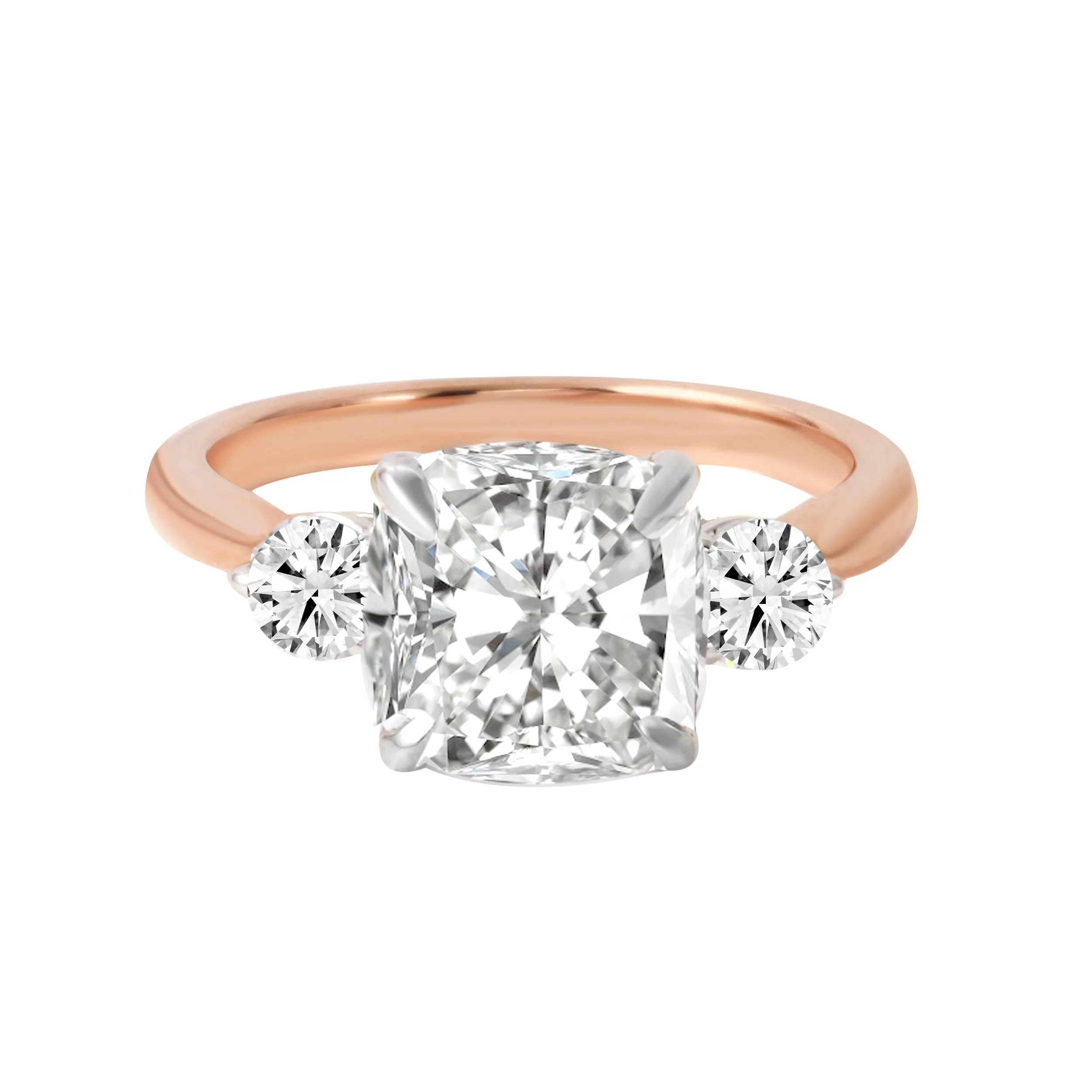 Three Stone Cushion and Round Cut Diamond Engagement Ring