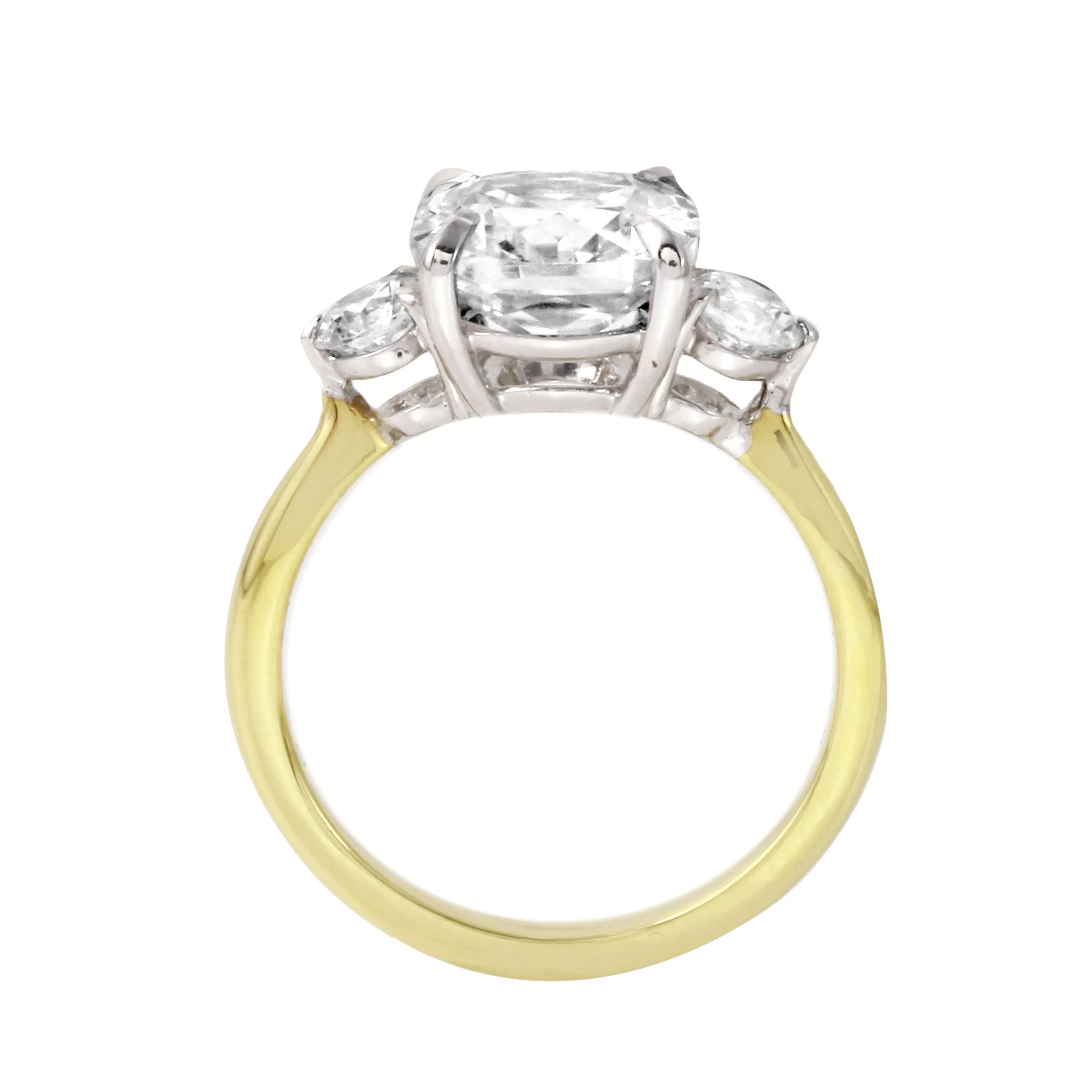 Three Stone Cushion and Round Cut Diamond Engagement Ring