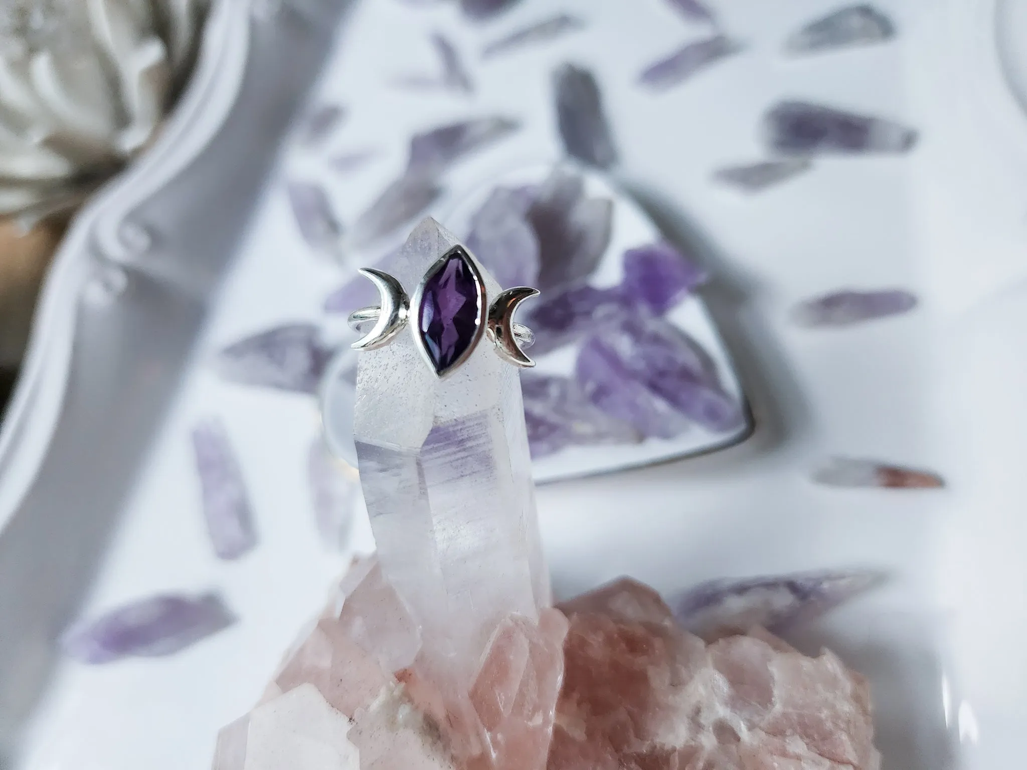 Triple Moon Sterling Ring || Amethyst