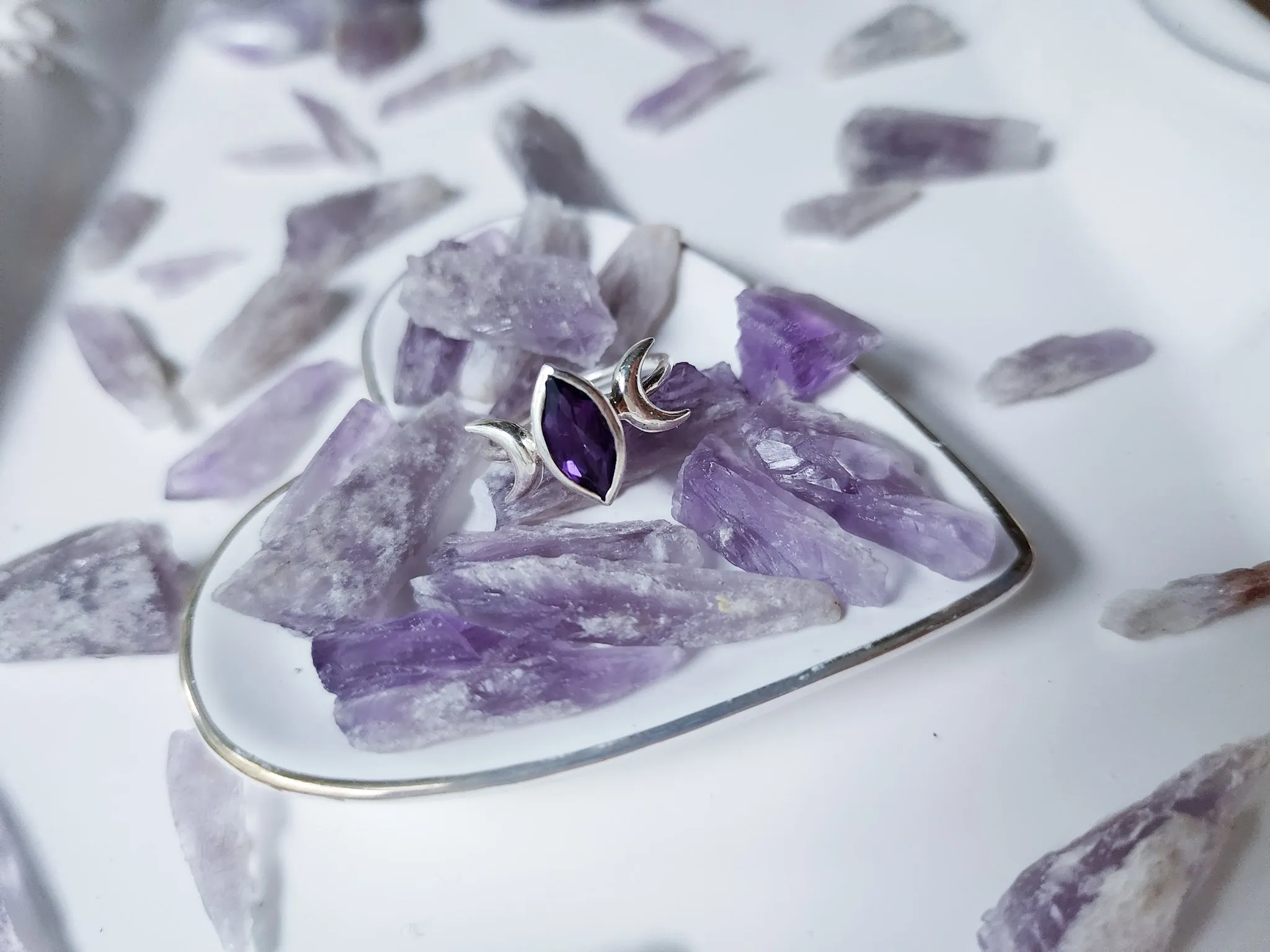 Triple Moon Sterling Ring || Amethyst