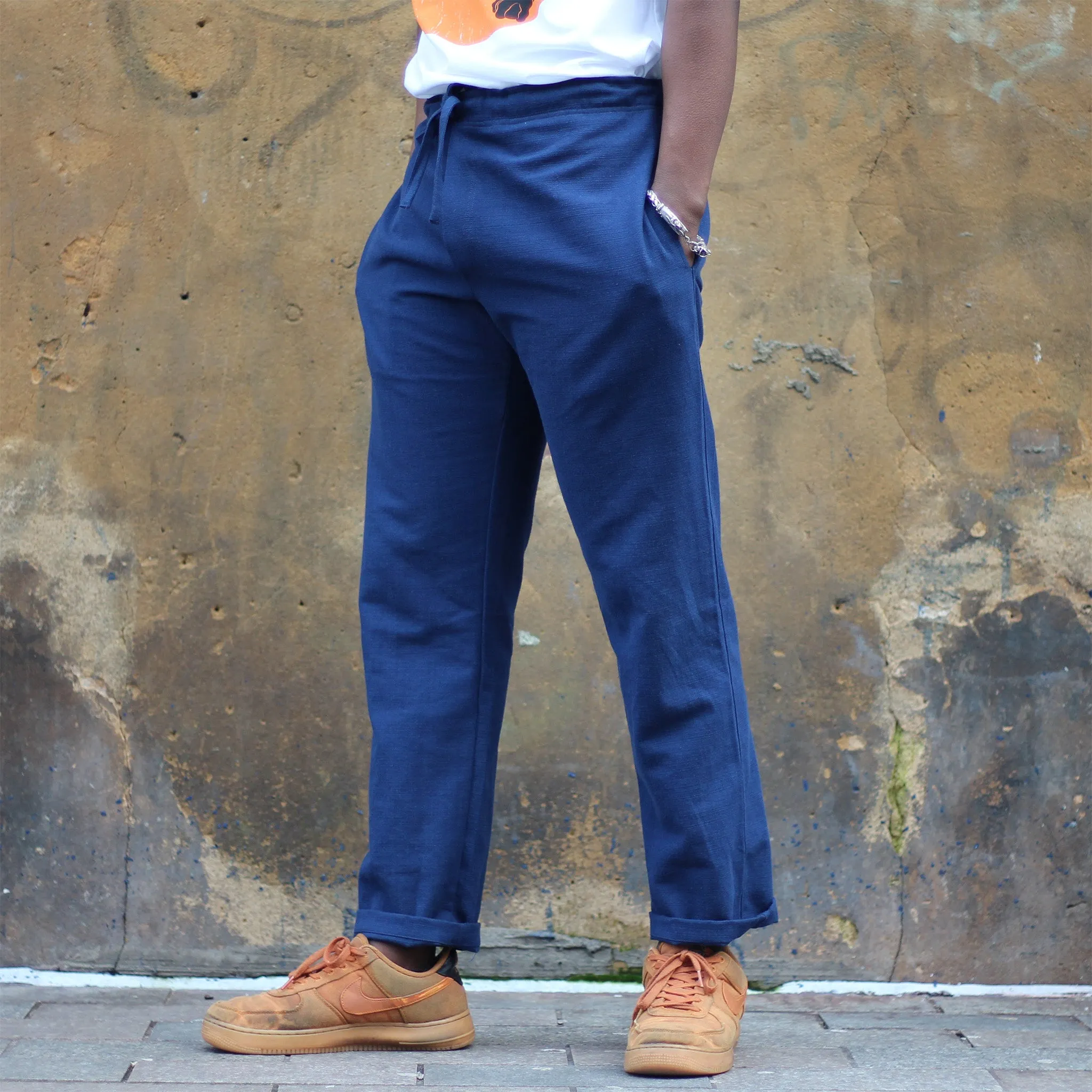 Unisex Ribbed Cotton Shing Mai Trousers Navy Blue