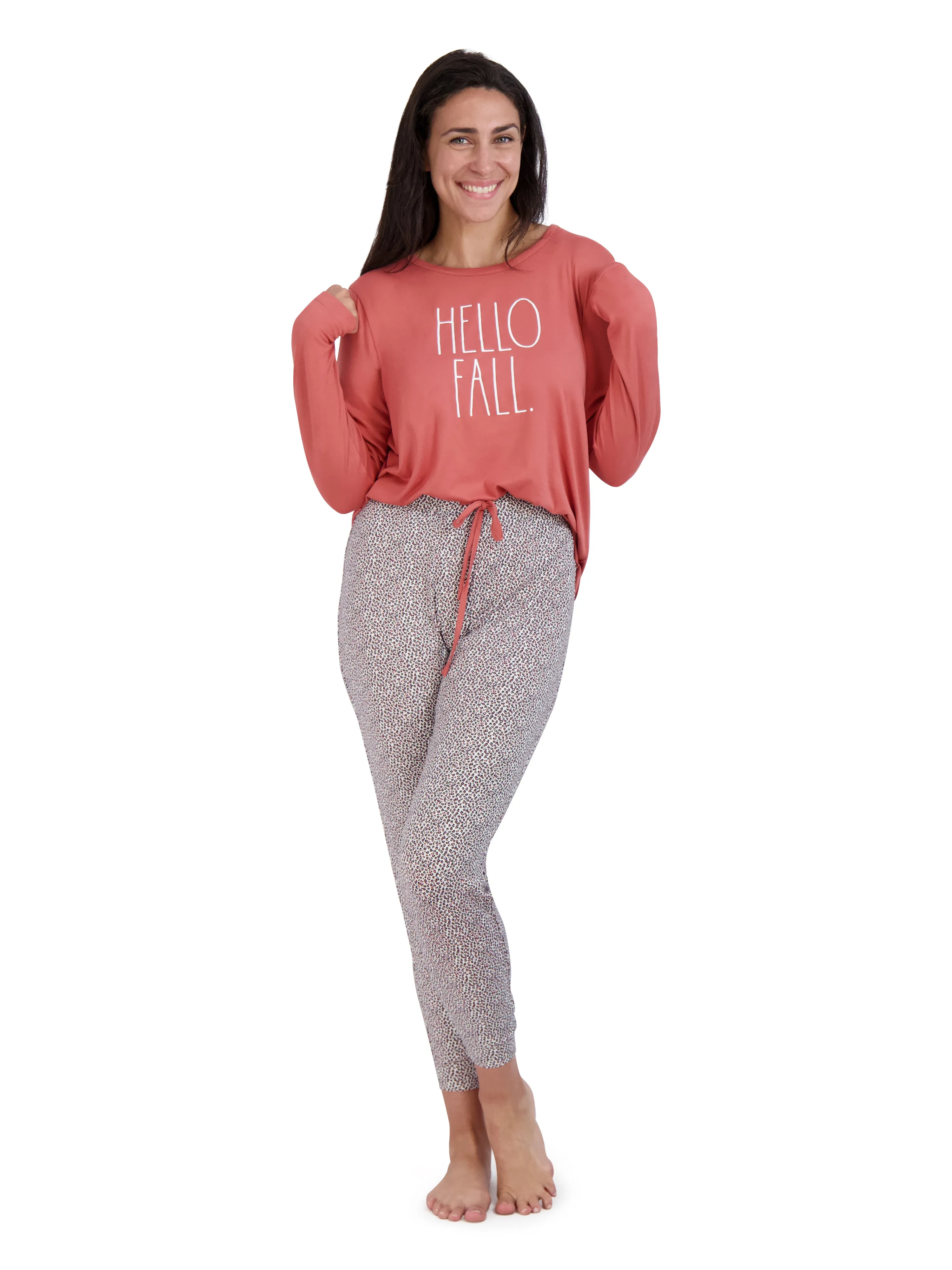 Women's "HELLO FALL" Long Sleeve Top and Drawstring Joggers Pajama Set