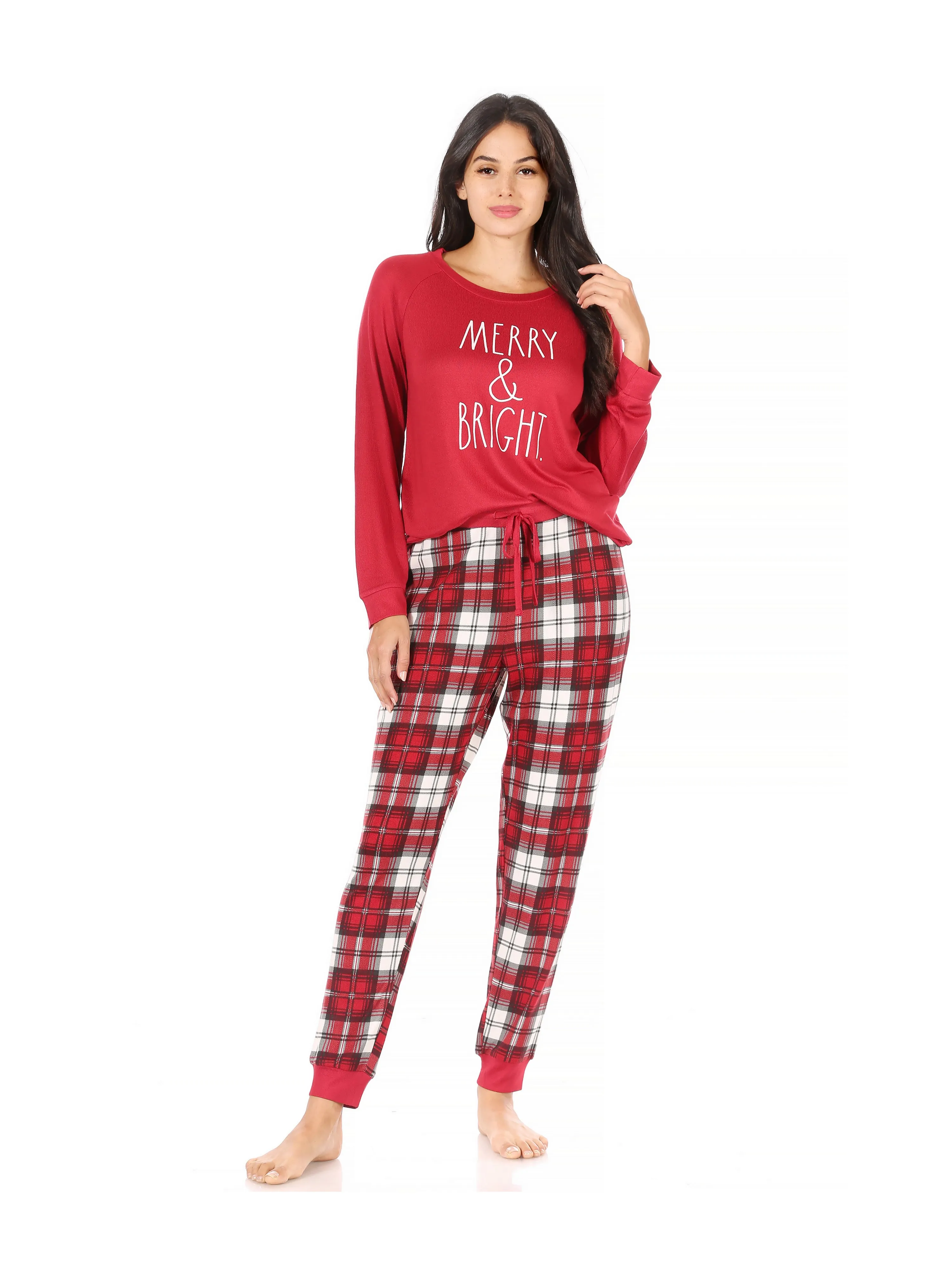 Women's "MERRY & BRIGHT" Long Sleeve Top and Drawstring Jogger Pajama Set